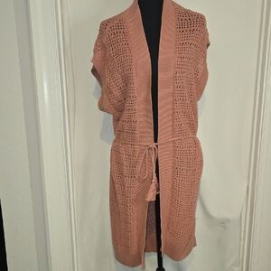 LOFT Dusty Rose Open Knit Sleeveless Belted Cardigan